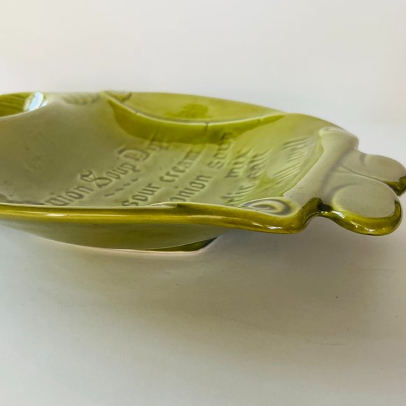 California Pottery Onion Soup Chip Dip Recipe Avocado green Tray Glaze MCM - Picture 12 of 16